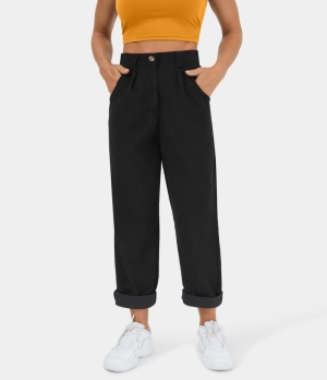 Halara Mid Rise Button Zipper Side Pocket Corduroy Casual Women's Pants Black | 627184-PBN