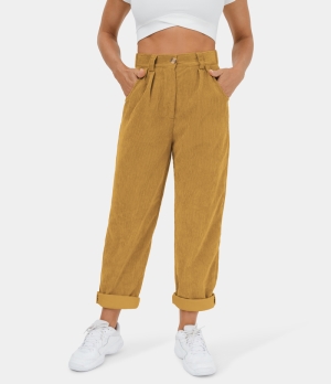 Halara Mid Rise Button Zipper Side Pocket Corduroy Casual Women's Pants Chai Tea | 647591-SDN