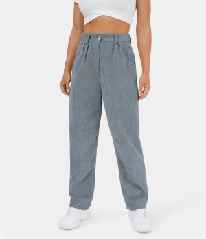 Halara Mid Rise Button Zipper Side Pocket Corduroy Casual Women's Pants Sedona Sage | 764091-PQK