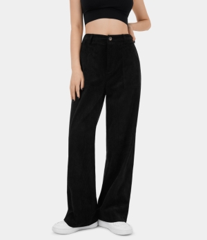 Halara Mid Rise Button Zipper Side Pocket Corduroy Wide Leg Casual Women's Pants Black | 896704-UWF