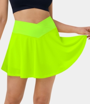 Halara Mid Rise Crossover Mesh 2-in-1 Side Pocket Flare Tennis Women's Skirts Acid Lime | 318526-YJV
