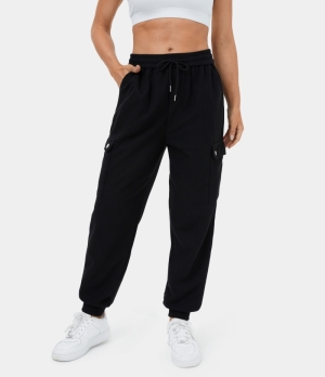 Halara Mid Rise Drawstring Multiple Pockets Waffle Casual Cargo Women's Jogger Black | 653924-DLM