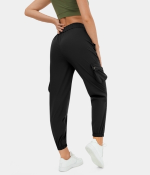 Halara Mid Rise Drawstring Multiple Pockets Zipper Hem Casual Cargo Women's Jogger Black | 879305-FSA