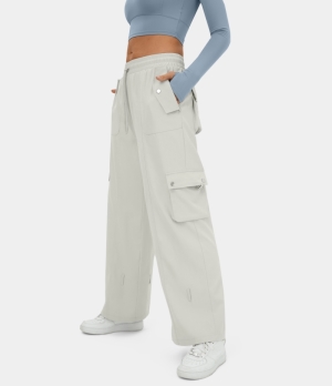 Halara Mid Rise Drawstring Multiple Pockets Casual Cargo Women's Pants White Onyx | 906852-MEQ