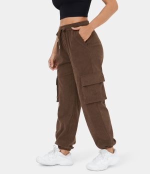 Halara Mid Rise Drawstring Side Pocket Corduroy Casual Cargo Women's Jogger Fondue Fudge | 253967-WBI