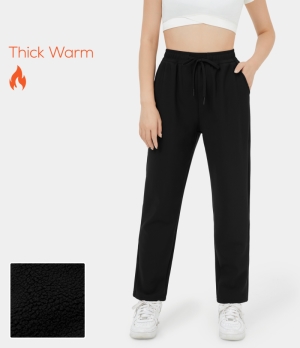 Halara Mid Rise Drawstring Side Pocket Fleece Casual Women's Pants Black | 409185-AGE
