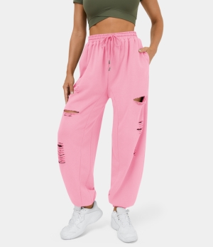 Halara Mid Rise Drawstring Side Pocket Ripped Casual Women's Jogger Pink | 325698-NYO