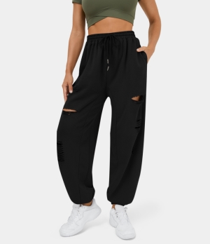 Halara Mid Rise Drawstring Side Pocket Ripped Casual Women's Jogger Black | 635891-IVL