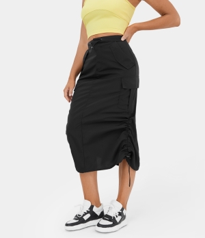 Halara Mid Rise Drawstring Zipper Multiple Pockets Split Midi Casual Cargo Women's Skirts Black | 659148-QBF