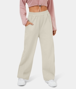 Halara Mid Rise Elastic Waistband Pocket Wide Leg Casual Women's Pants Light Beige | 273145-OPX