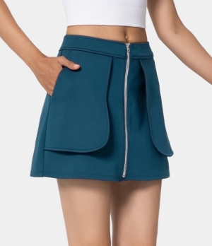 Halara Mid Rise Front Zip Side Pocket Plain Mini Women's Skirts Deep Prussian Blue | 482395-FNS