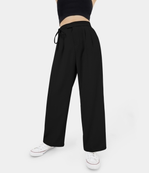 Halara Mid Rise Lace Up Zipper Side Pocket Straight Leg Casual Women's Pants Black | 746259-MXR