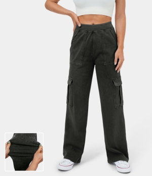 Halara Mid Rise Multiple Pockets Straight Leg Stretchy Knit Denim Casual Cargo Women's Pants Black | 512894-PYW