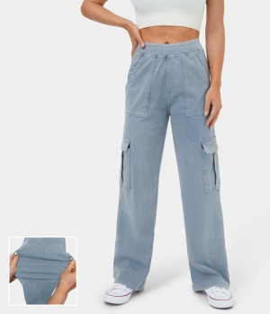 Halara Mid Rise Multiple Pockets Straight Leg Stretchy Knit Denim Casual Cargo Women's Pants Ashley Blue | 823796-SBP