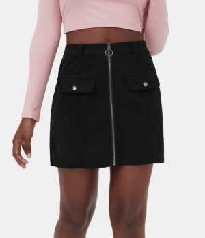 Halara Mid Rise O Ring Zipper Corduroy Mini Casual Women's Skirts Black | 456871-BSR
