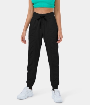 Halara Mid Rise Ribbed Drawstring Side Pocket Ruched Striped Casual Women's Jogger Black | 832740-NKD