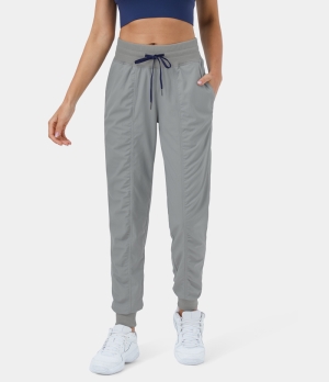 Halara Mid Rise Ribbed Drawstring Side Pocket Ruched Striped Casual Women's Jogger Grey | 950362-WVT