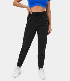 Halara Mid Rise Ribbed Drawstring Side Zip Pocket Casual Women's Jogger Black | 456283-KMW