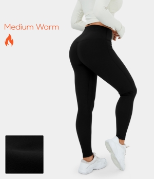 Halara Mid Rise Ribbed Knit Fleece Casual Women's Leggings Black | 849632-RSM