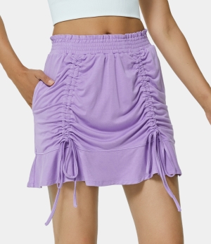 Halara Mid Rise Shirred Waist Drawstring Plain Women's Skirts Light Purple | 324067-IMD