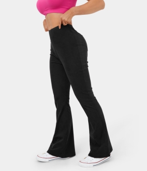 Halara Mid Rise Side Zipper Back Pocket Flare Casual Corduroy Women's Pants Black | 120789-RXF