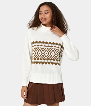 Halara Mock Neck Argyle Color Block Sweater Women's Tops White | RHTEBDL-47