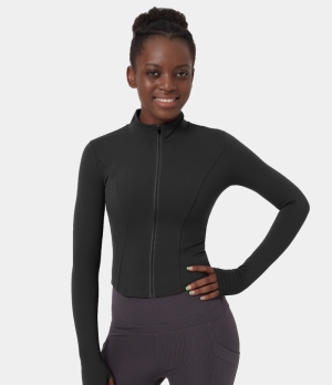 Halara Mock Neck Full Zip Thumb Hole Sports Jacket Women's Tops Black | LWBFUXC-19