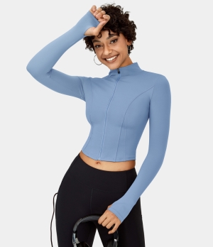 Halara Mock Neck Full Zip Thumb Hole Sports Jacket Women's Tops Light Sky Blue | MDAUSQP-17