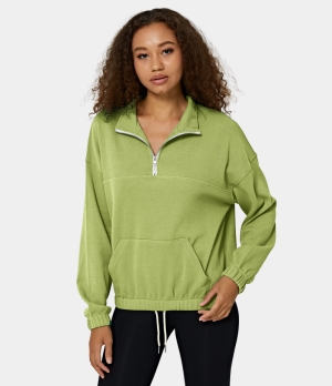 Halara Mock Neck Half Zip Kangaroo Pocket Drawstring Sweatshirt Women's Tops Celery | KDUOYMT-17