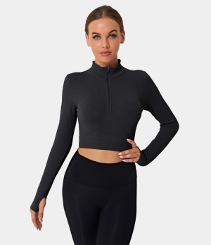 Halara Mock Neck Half Zip Thumb Hole Cropped Sports Women's Tops Black | AHWROFU-65