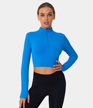 Halara Mock Neck Half Zip Thumb Hole Cropped Sports Women's Tops Blue | DPRHBIE-17