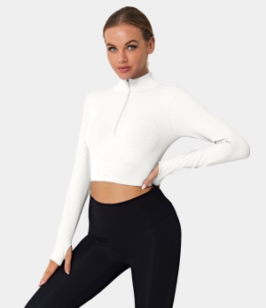 Halara Mock Neck Half Zip Thumb Hole Cropped Sports Women's Tops White | FEKYCRJ-19