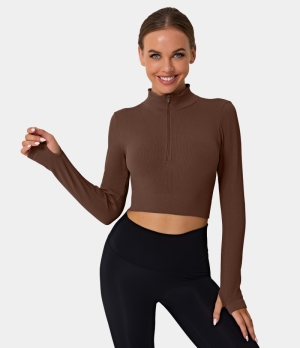 Halara Mock Neck Half Zip Thumb Hole Cropped Sports Women's Tops Coffee | KLMHRFG-25