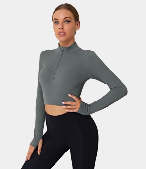 Halara Mock Neck Half Zip Thumb Hole Cropped Sports Women's Tops Slate Blue | QXAMCIF-46