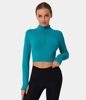 Halara Mock Neck Half Zip Thumb Hole Cropped Sports Women's Tops Pine Green | XWMYCZP-14