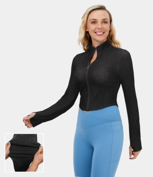 Halara Mock Neck Zip Front Thumb Hole Cropped Stretchy Knit Denim Casual Jacket Women's Tops Black | DQXCTWV-74