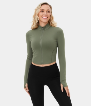 Halara Mock Neck Zip Front Thumb Hole Cropped Golf Jacket Women's Tops Oil Green | IHJOTPG-67