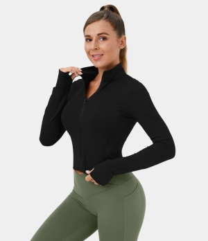Halara Mock Neck Zip Front Thumb Hole Cropped Golf Jacket Women's Tops Black | JPSAXTU-69