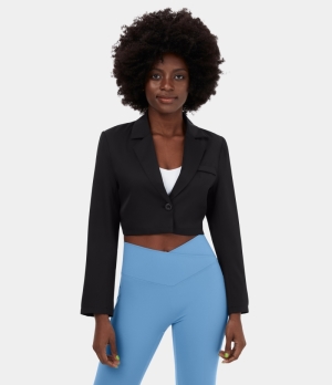 Halara Notched Collar Button Cropped Casual Blazer Women's Tops Black | AJNYTLE-56