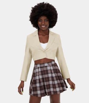 Halara Notched Collar Button Cropped Casual Blazer Women's Tops Antique White | PLKGSER-69