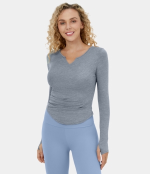 Halara Notched Ruched Thumb Hole Curved Hem Yoga Sports Women's Tops Sleet | JVFAMYK-06
