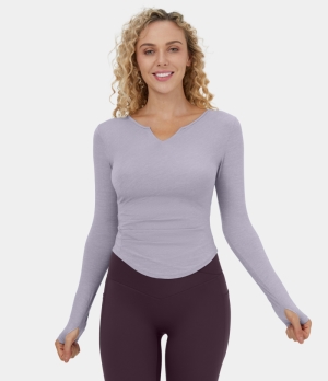 Halara Notched Ruched Thumb Hole Curved Hem Yoga Sports Women's Tops Thistle | XJEUACQ-96