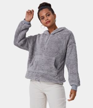 Halara O Ring Half Zip Kangaroo Pocket Teddy Pullover Hoodie Sweatshirt Women's Tops Grey | DYKOMAT-48