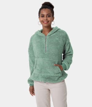 Halara O Ring Half Zip Kangaroo Pocket Teddy Pullover Hoodie Sweatshirt Women's Tops Seafoam | RCYXGDA-85
