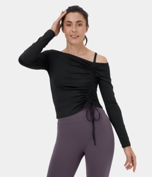 Halara Off Shoulder Ruched Drawstring Cropped Dance Sports Women's Tops Black | ICLKQTD-51