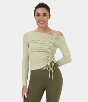 Halara Off Shoulder Ruched Drawstring Cropped Dance Sports Women's Tops Aloe Wash | IOXFRSC-03
