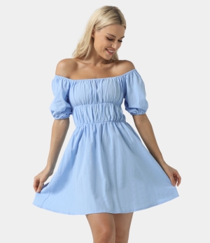 Halara Off Shoulder Short Puff Sleeve Ruched Mini Flare Women's Dress Maya Blue | 294635-QYN