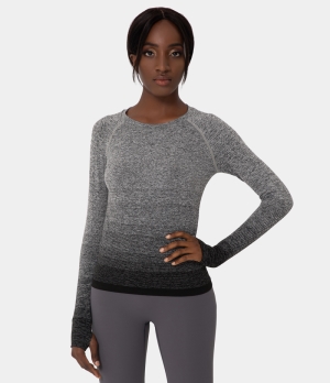 Halara Ombre Round Neck Thumb Hole Sports Women's Tops Black | TMCJDQI-81