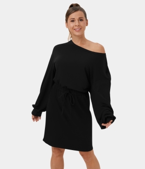 Halara One Shoulder Long Sleeve Drawstring Mini Casual Women's Dress Black | 485360-LAQ