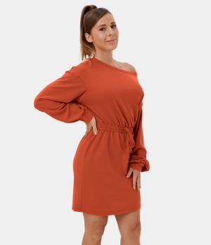 Halara One Shoulder Long Sleeve Drawstring Mini Casual Women's Dress Paprika | 604721-VJD